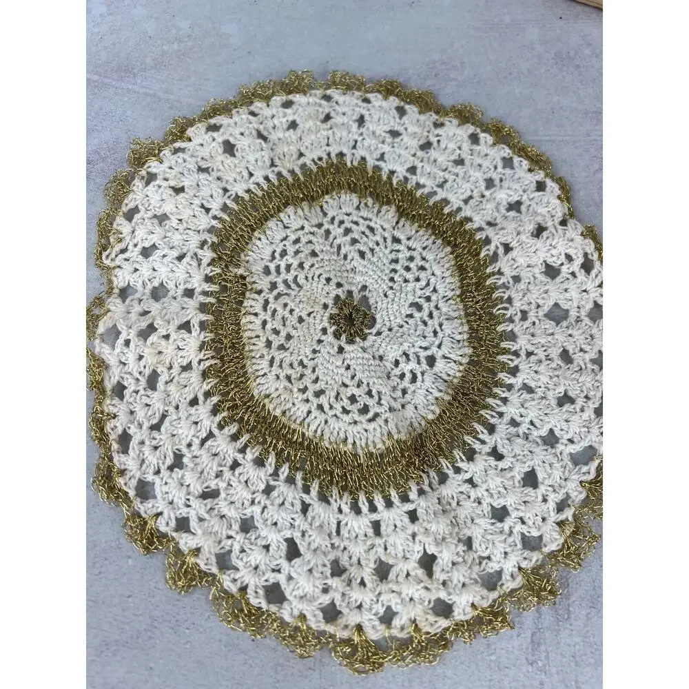 Vintage‎ White & Gold Wire Handmade Round Crochet Dining Table Doily - Lot of 2